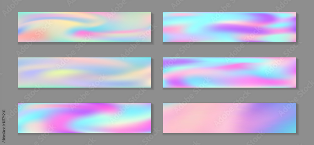 Fototapeta premium Neon holo minimal banner horizontal fluid gradient unicorn backgrounds vector set. Opalescence 