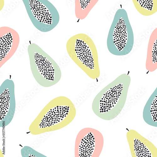 Papaya fruits seamless pattern with white background. Tropical fuits