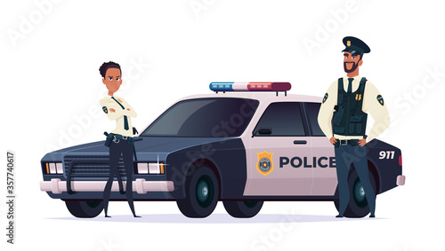 Cartoon police officers man and woman team. Public safety officers with police car. Guardians of law and order.