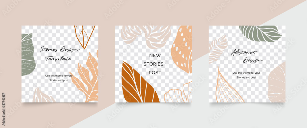 Social media stories and post vector set. Abstract shapes cover background template with floral and copy space for text and images. Vector illustration.