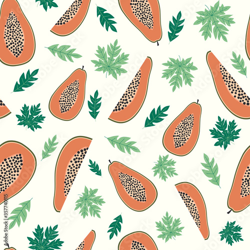 Papaya fruits and leaves seamless pattern with white background. Tropical fuits