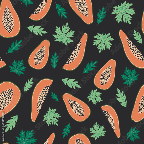 Papaya fruits and leaves seamless pattern with black background. Tropical fuits