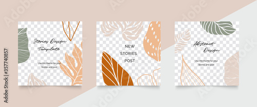 Social media stories and post vector set. Abstract shapes cover background template with floral and copy space for text and images. Vector illustration.