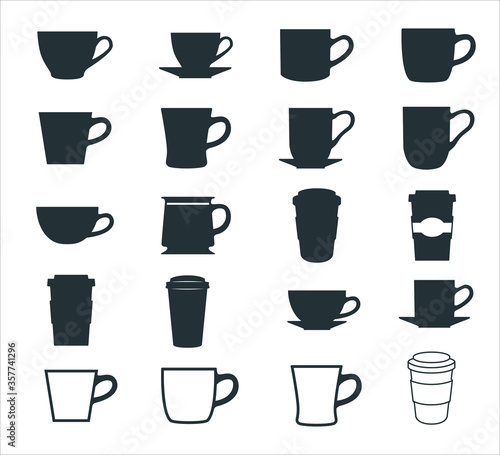 simple flat coffee cup, mug, and paper cup vector icon logo symbol design set for coffee shop store