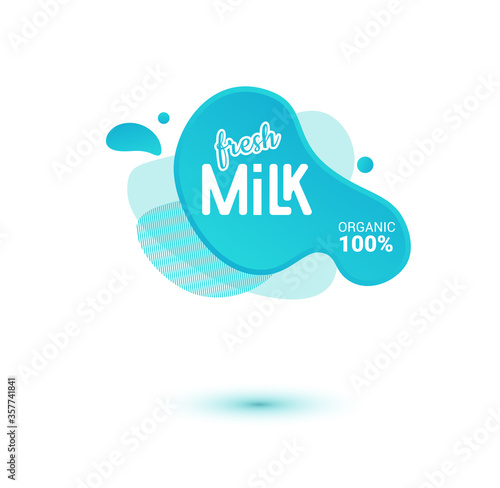Milk badge and dairy labels with splashes and bolts. Milk badge with drop and splash for labels of package. Liquid amoeba shapes.