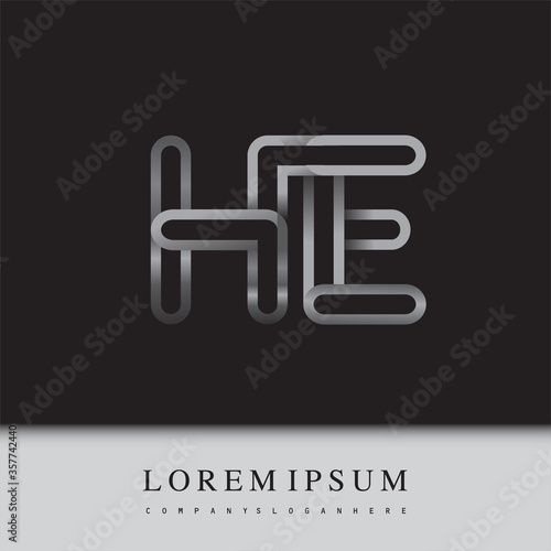initial logo letter HE, linked outline silver colored, rounded logotype
