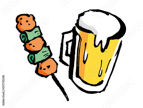 ビールと焼き鳥の手書きイラスト