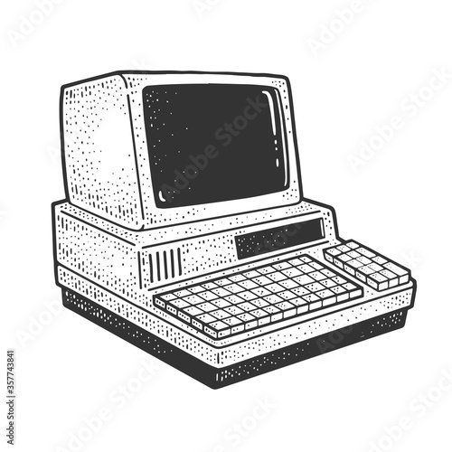 vintage computer sketch engraving vector illustration. T-shirt apparel print design. Scratch board imitation. Black and white hand drawn image.