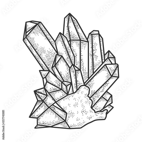 Crystal sketch engraving vector illustration. T-shirt apparel print design. Scratch board imitation. Black and white hand drawn image.