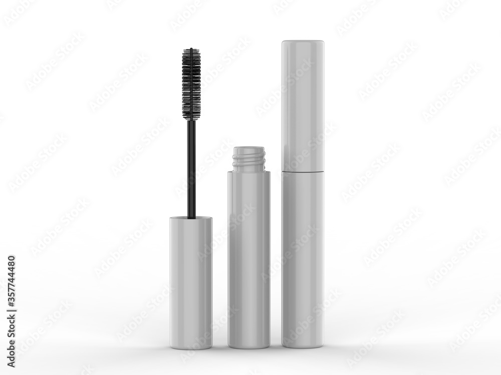 Blank Eyeliner mascara tube with box mockup isolated on white background front view. 3d render illustration. Blank Eyeliner mascara tube with box mockup isolated on white background front view. 3d render illustration.