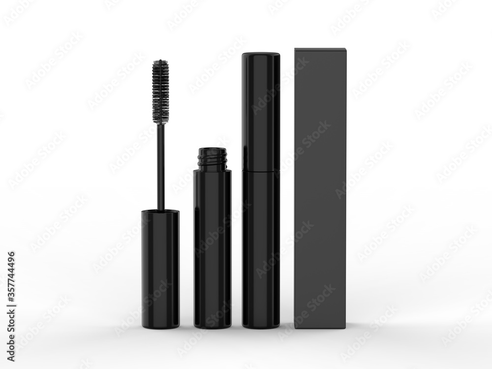 Obraz premium Blank Eyeliner mascara tube with box mockup isolated on white background front view. 3d render illustration.