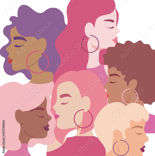 portrait of beautiful women, young multi ethnic women in profile