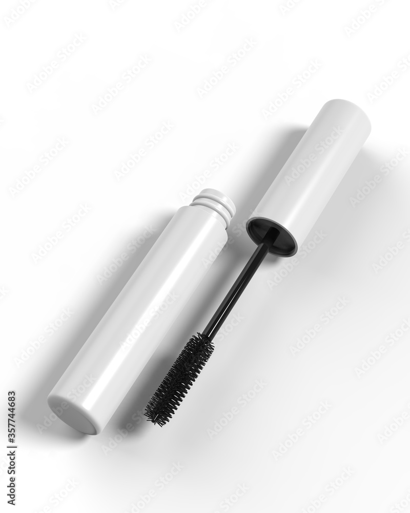 Naklejka premium Blank Eyeliner mascara tube with box mockup isolated on white background front view. 3d render illustration.