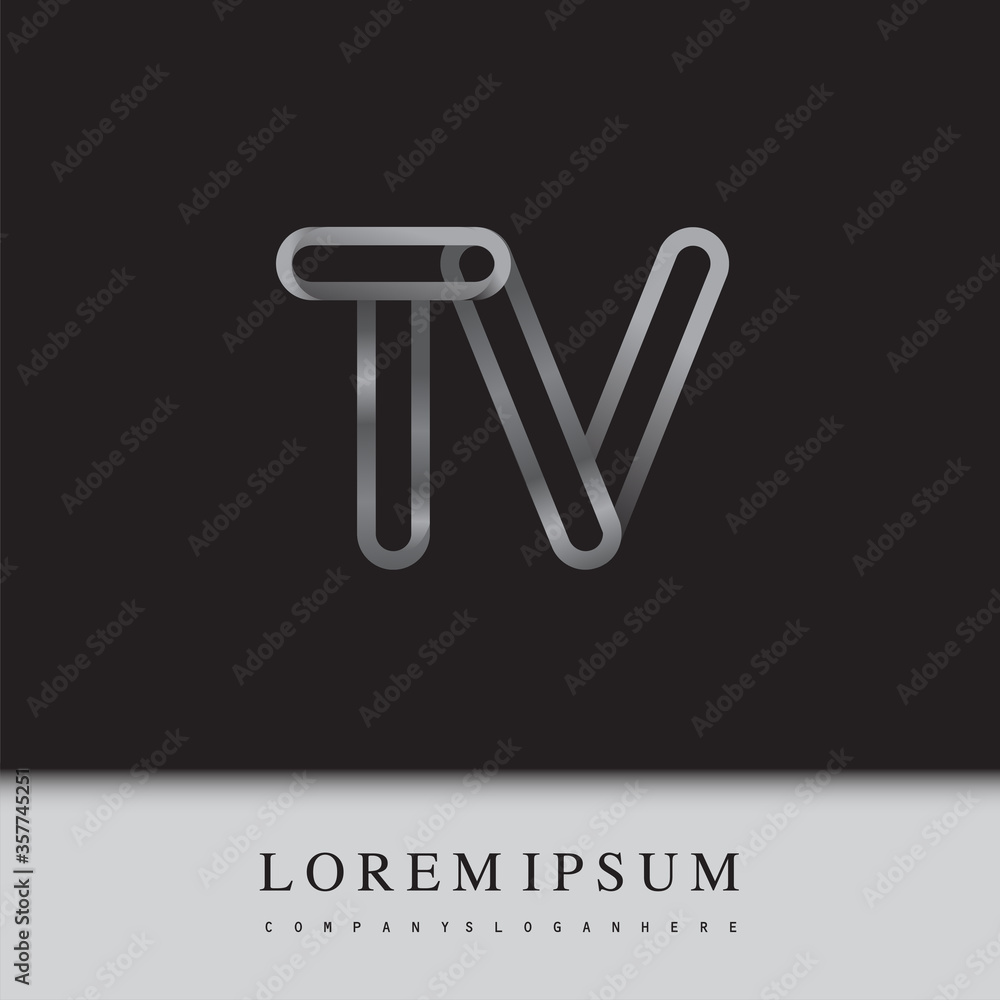 initial logo letter TV, linked outline silver colored, rounded logotype initial logo letter TV, linked outline silver colored, rounded logotype