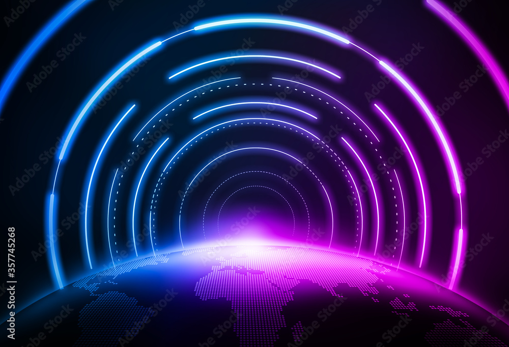 3D rendering of the neon tube channel space built on the surface of the earth. 3D rendering of the neon tube channel space built on the surface of the earth.