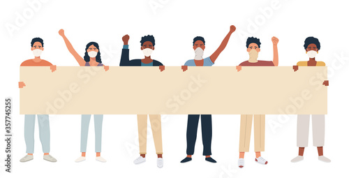 Group of young mix race multicultural men and women standing together and holding blank banner. People in respiratory mask taking part in manifestation, rally or protest. Male and female protesters.