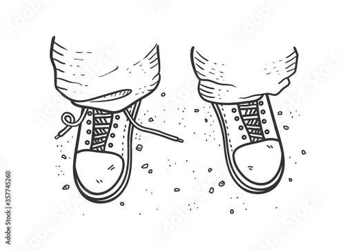 Hand drawn doodle lifestyle street style illustration of close up feet wearing sneakers shoes with untied lace on one shoe standing on the ground