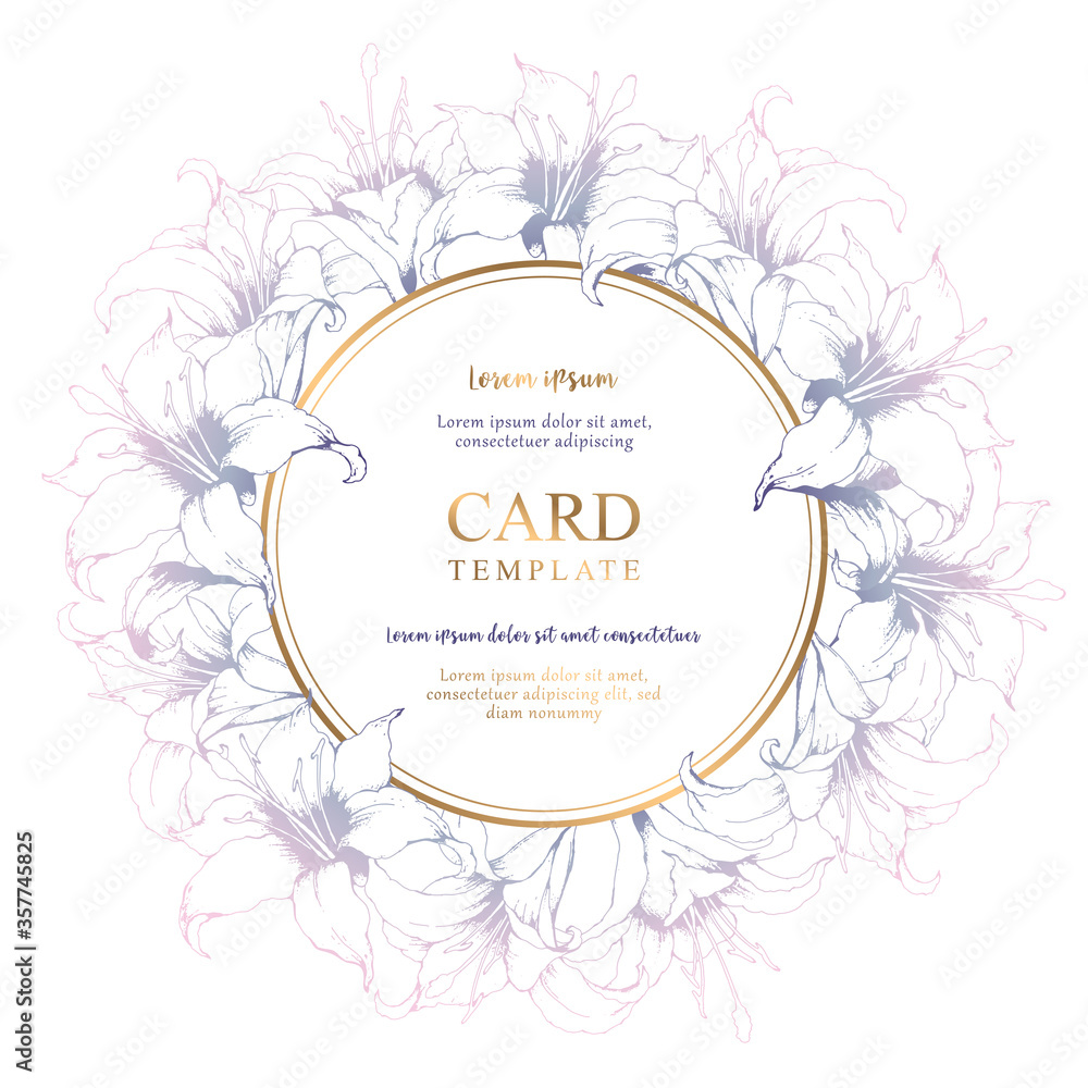 Fototapeta premium Floral vector round card with hand lilies and leaves isolated on white background. Elegant design template for wedding invitation, card, brochure, cover