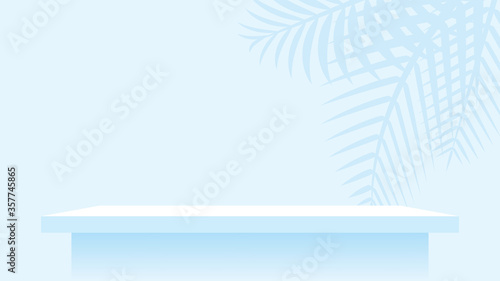 wood plank shelf on wall light blue pastel soft color, modern shelf for display show on space wall room, cute and chic counter desk panel for decoration, empty table top panel, background copy space