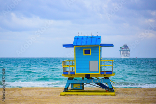 South Beach. Miami Beach, Florida, USA sunrise and life guard tower. Panorama of Miami Beach, Florida. © Volodymyr