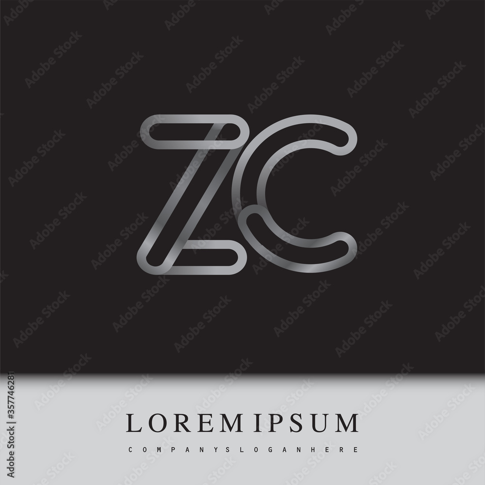initial logo letter ZC, linked outline silver colored, rounded logotype initial logo letter ZC, linked outline silver colored, rounded logotype