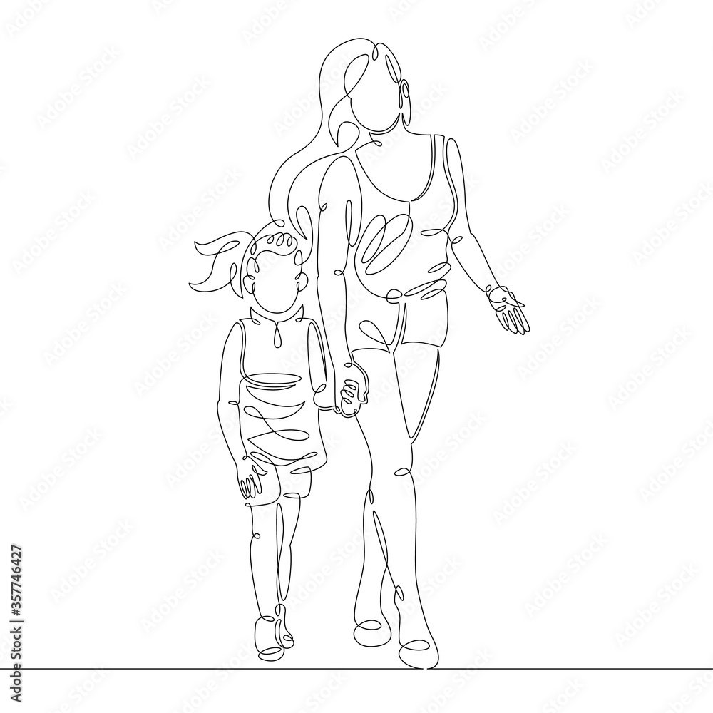 young woman with a small daughter on the pedestrian walk