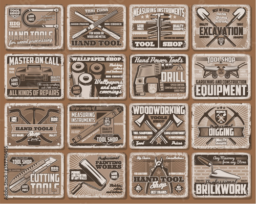 Hand tool retro posters of vector construction, house repair, carpentry and DIY equipment. Pliers, drill, paint roller and toolbox, shovel, wheelbarrow, trowel and tape measure, level ruler, wallpaper