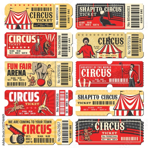 Circus ticket vector templates of chapiteau carnival show. Vintage invite cards and pass coupon with big top circus tent, clowns, acrobats and trained animals, monkey juggler, rocket man and elephant