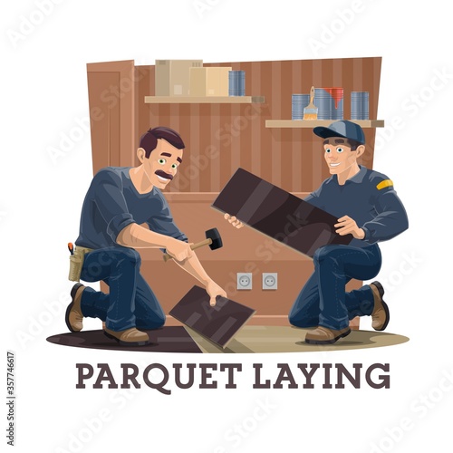 Construction workers installing parquet vector design of flooring service and house repair. Carpenter and handyman joining wooden panels of parquet with work tools, rubber mallet and screwdriver