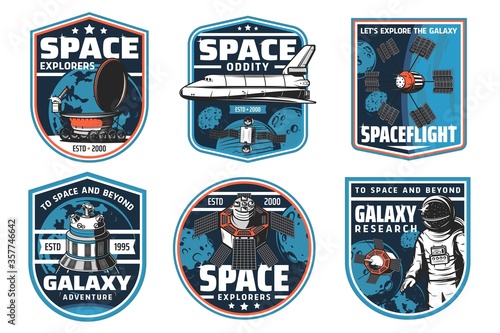 Space exploration isolated icons with spaceship and astronaut. Vector rocket, galaxy planet, satellite and spaceman with spacesuit and helmet, shuttle, Earth and Moon, star, meteor and lunar rover