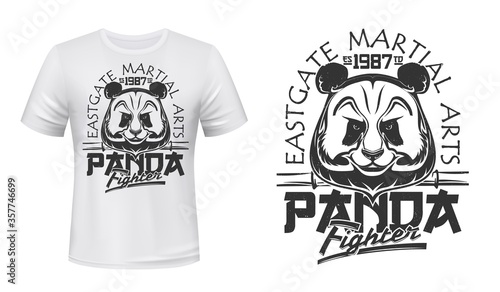 Panda, fighting club vector t-shirt print mockup of martial arts and combat sport design. Custom apparel template with Asian panda bear, wild animal head with bamboo stick monochrome grunge mock up
