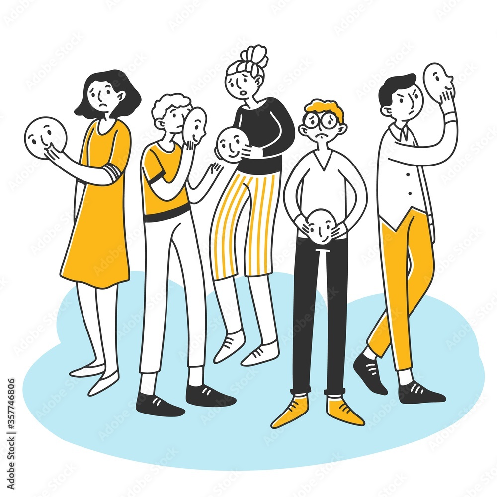 Unhappy men and women covering faces with positive masks. Depressed people hiding their emotions. illustration for emotion, personality, psychology, disguise, depression concept Unhappy men and women covering faces with positive masks. Depressed people hiding their emotions. illustration for emotion, personality, psychology, disguise, depression concept