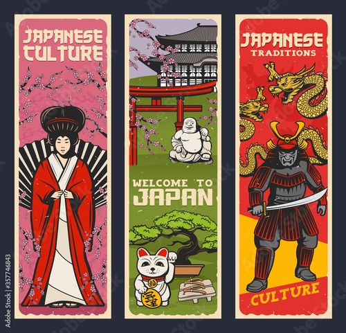 Fototapet Japanese religion and culture, vector dragon, samurai, Kabuki and Noh theater
