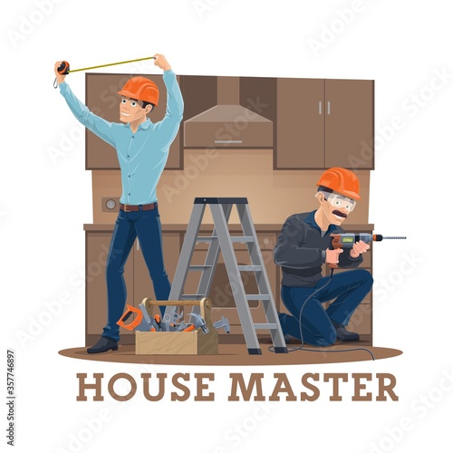 Kitchen furniture assembly, installation and repair service vector design. Cartoon furniture installer, carpenter or handyman characters with work tools, tape measure, drill, toolbox, hammer and saw