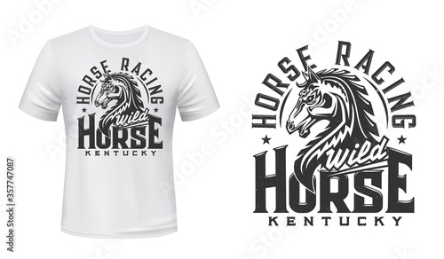 Foto Stallion horse t-shirt print mockup, horse race and equestrian sport vector design