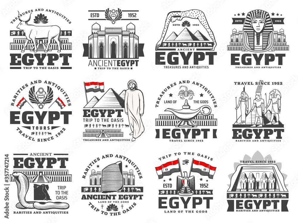 Egypt vector icons of culture, history, religion and travel. Ancient Egypt pharaoh pyramids, gods with eye of Horus and Ankh symbols, map, flag, heraldic eagle, Sphinx and Giza temples, Rosetta stone