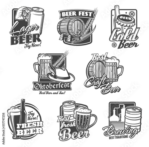 Beer alcohol drink vector icons with beer bottles, glasses and mugs. Pub, bar or brewery pints of ale and lager beverages, barrel, hops and barley, tap, can, brewing tanks and Oktoberfest tankard