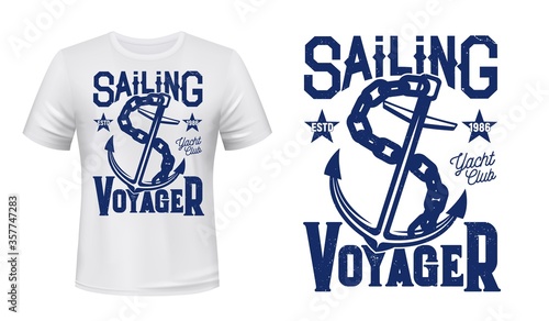 Anchor t-shirt print mockup of sailing and yachting sport vector design. Nautical anchor of marine ship or sail boat with chain and lettering, custom apparel template for yacht club racing competition
