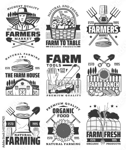 Agriculture, farming and gardening vector icons with farm field, tractor, barn and harvest wheat, farmer with farming tools and equipment, garden vegetables and trees. Organic farm emblems design