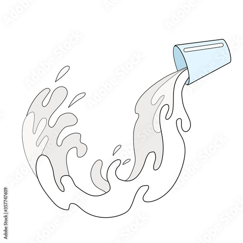Outline illustration of pouring milk from a cup. Contour cartoon water flow. Black and white image of fluid. Vector line art element for menu, articles, coloring book and your design.
