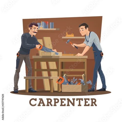 Carpenters at workshop cartoon vector of carpentry industry workers with work tools and equipment. Joiner characters nailing and sawing wood boards with saw, hammer and nails, tape measure and plane
