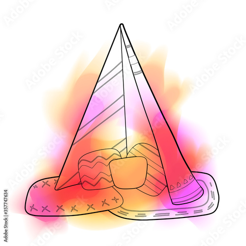 Outline illustration of blanket house with pillows and color stain. Stay home. Game for adults and children. Blanket fortress. Vector contour object for coloring book, cards and your creativity.