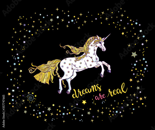 Cute unicorn in starry frame with lettering on the black background. Vector illustration