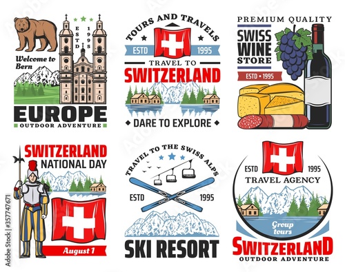 Switzerland vector icons of Swiss travel and tourism. Alps mountains, skis and flag, cheese, wine and sausages, bear symbol of Bern, church and Alpine meadow green grass, lake Geneva and Swiss guard