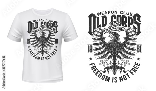Heraldic eagle vector print mockup for t-shirt of military, weapon or shooting sport clubs. Black eagle, hawk or falcon bird with raised wings and spread feathers print template of custom apparel