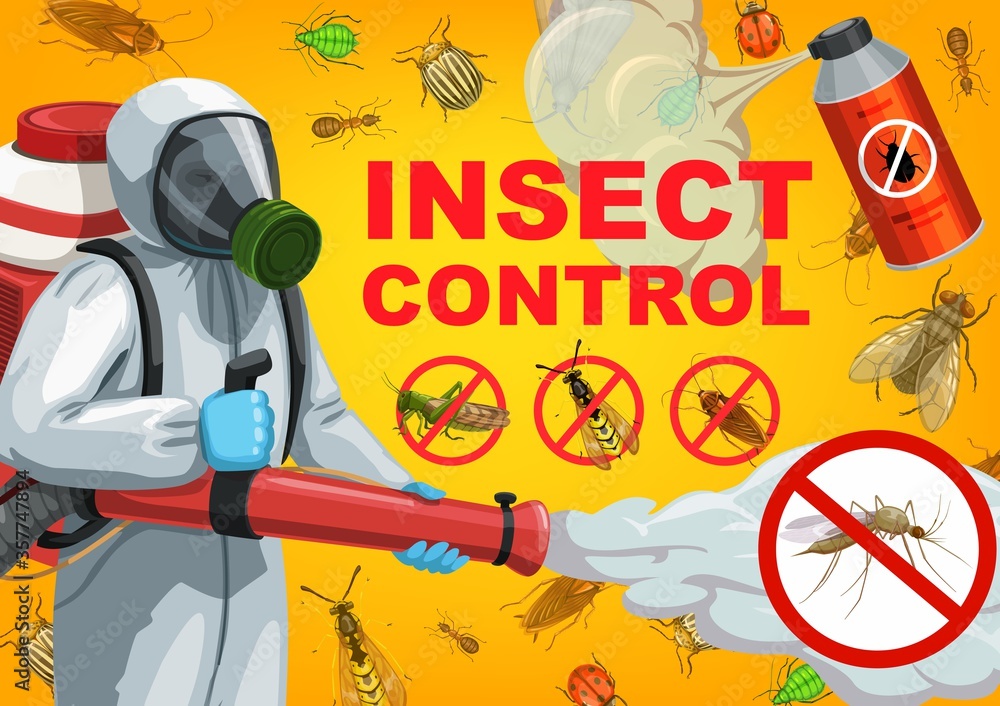 Pest control service cartoon vector of exterminator, insects and bugs
