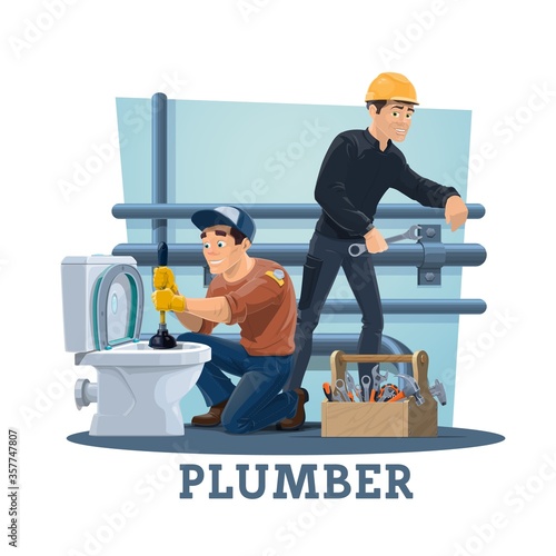 Plumbers with work tools, cartoon vector workers of plumbing repair and maintenance service. Plumber or handyman characters unclogging toilet and fixing leaking tubes with wrench, spanner and plunger