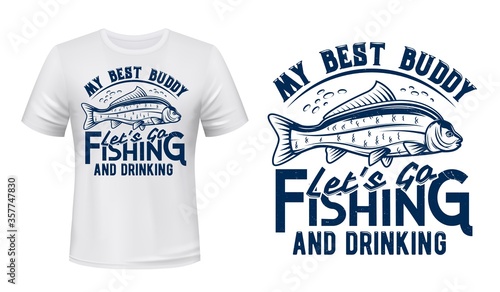 Carp fish t-shirt print mockup, vector template of fishing sport and fisherman club custom apparel. River, lake or pond fish, freshwater animal with bubbles grunge badge with letterings