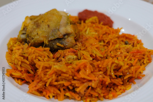 Nasi biryani or bryani rice served in a plate. photo