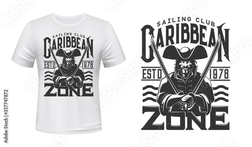 Captain pirate vector mockup of t-shirt print, sailing and yachting sport club design. Caribbean buccaneer or filibuster custom apparel print template, sailor man with captain hat, swords or sabres